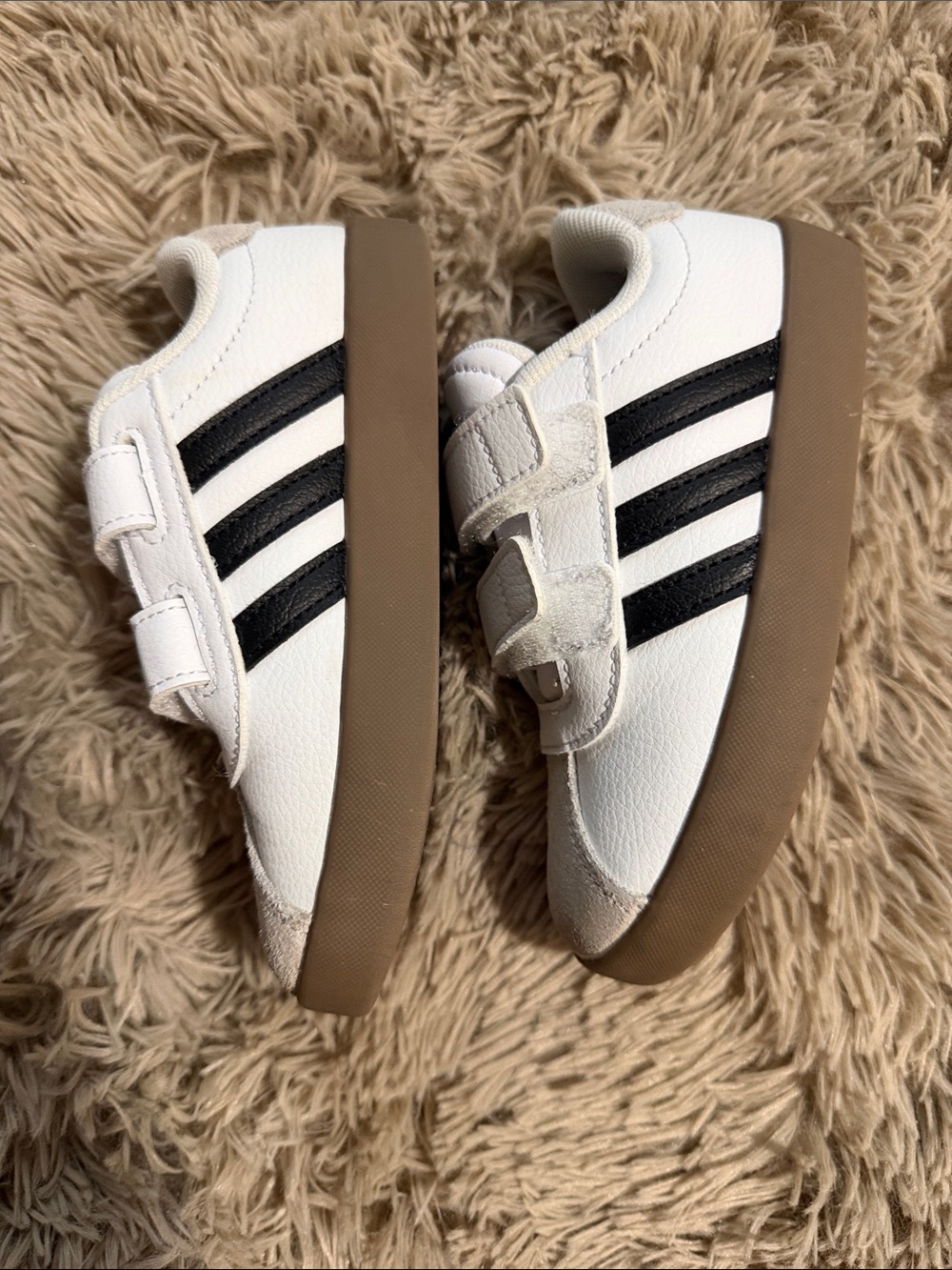 adidas Kids White Sneakers with Black Stripes and Brown Sole - Velcro